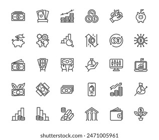 Simple money and other related thing line icon set white background, economic financial and banking currency concept, for application, media, website ux ui, 48x48 pixel perfect icon, editable stroke