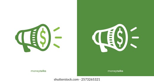 Simple Money Talks Logo. Megaphone and Dollar, Coint Graphic Icons. Megaphone Money Logo Design Template.
