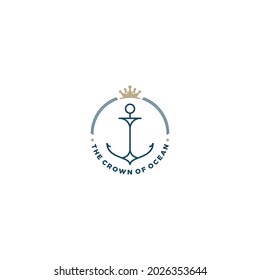 Simple Mono Line Art Anchor, Rope and Crown for Marine Ship Boat logo design