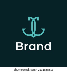 Simple Mono Line Art Anchor Boat Ship Nautical logo design vector

