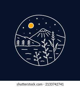 Simple mono line of Mountain, Lake and trees. Vector Art, badge Patch art, T-Shirt Art