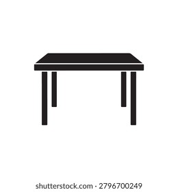 A simple, monochromatic illustration featuring a rectangular table with four straight legs, rendered in solid black against a plain white background. The tabletop has a subtle shadow effect, giving a .