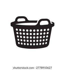 A simple, monochromatic illustration of a plastic laundry basket with a perforated pattern and dual handles, rendered in stark black and white contrast. The basket has a clean, modern aesthetic with n.