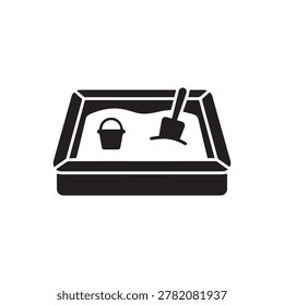 A simple, monochromatic illustration of a rectangular sandbox containing a small shovel and bucket. The design uses bold outlines and subtle shading to depict a playful scene with a clean, modern aest.
