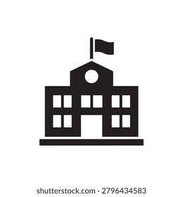 A simple, monochromatic illustration of a three-story school building with a flat roof, circular window at the top center, and a flag waving from the peak. The design is clean and geometric with evenl.