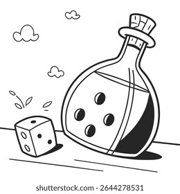 A simple monochromatic line drawing depicts a potion bottle filled with liquid, alongside a dice, complemented by whimsical clouds floating above, set against a transparent backdrop.