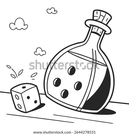 A simple monochromatic line drawing depicts a potion bottle filled with liquid, alongside a dice, complemented by whimsical clouds floating above, set against a transparent backdrop.