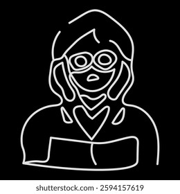 Simple monochromatic line drawing of a woman's face featuring glasses, rendered elegantly on a dark background.