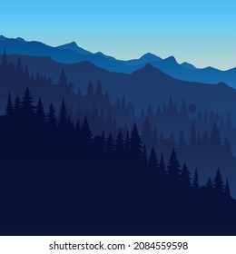 Simple monochromatic silhouette landscape with fog, forest, blue mountains. Illustration of  view, mist and silhouettes mountains. Good for wallpaper, background, banner, cover, poster.