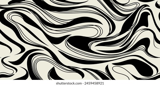 Simple monochrome abstract modern seamless pattern. Texture of wave lines, liquid background, оptical effect of the illusion of movement. Repeating boho prints. Vector illustration