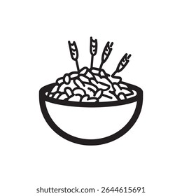 Simple monochrome artwork depicts a bowl brimming with grains, accented by upright wheat stalks as a culinary or agricultural motif, presented on a transparent backdrop.