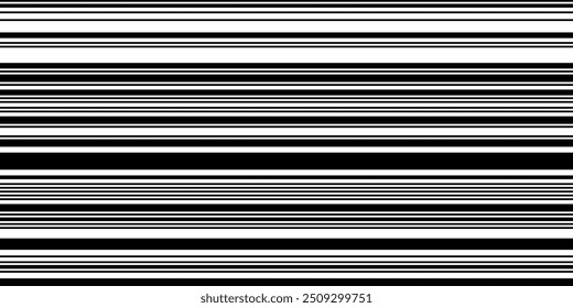Simple monochrome bg with thin and thick horizontal lines as seamless pattern. Barcode black and white vector bg. Binary image of machine coding for marking goods and reading by scanner.