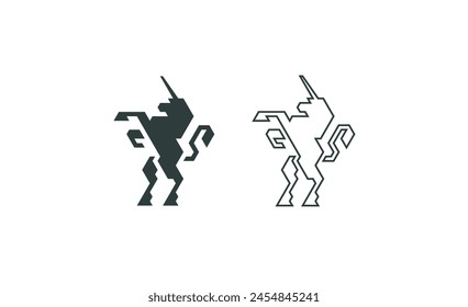 Simple monocromo negro sobre blanco logotipo de un unicornio de pie en sus patas traseras. Personaje de icono dinámico que simboliza la fuerza y el poder en estilo geométrico plano adecuado para camisetas, logotipos y su marca.