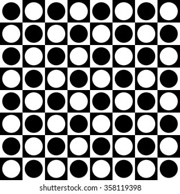 Simple monochrome checkered pattern with circle and squares shapes. Seamlessly repeatable. Minimalist background.