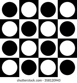 Simple monochrome checkered pattern with circle and squares shapes. Seamlessly repeatable. Minimalist background.