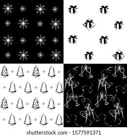 simple monochrome christmas patterns pack: christmas trees, champagne glasses and sparklers, gift boxes, snowflakes