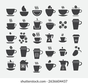 Simple monochrome coffee symbols grid with steaming cups saucers and scattered coffee beans