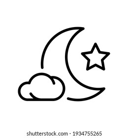 Simple monochrome composition crescent star cloud contoured vector illustration. Black line natural half moon midnight sky isolated on white. Starry mystery landscape nighttime scenery