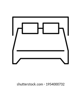 Ilustración simple monocromática de dos iconos de cama vectorial. Esbozo de diseño interior de dormitorio de hotel o casa aislado en blanco. Alojamiento lineal para dormir cómodamente tumbado o relajante