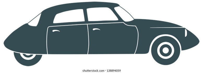 Simple monochrome drawing of a vintage car. Isolated object. Vector illustration.