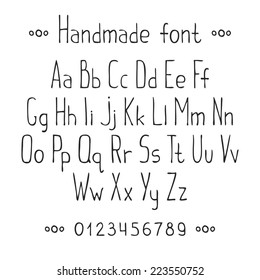 Simple monochrome drawn font. Complete abc alphabet set. Vector letters and numbers. Doodle typographic symbols.