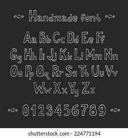 Simple monochrome drawn font. Complete abc alphabet set. Vector letters and numbers. Doodle typographic symbols.