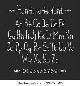 Simple monochrome drawn font. Complete abc alphabet set. Vector letters and numbers. Doodle typographic symbols.