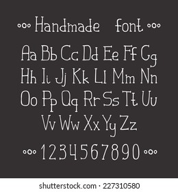 Simple monochrome drawn font. Complete abc alphabet set. Vector letters and numbers. Doodle typographic symbols.