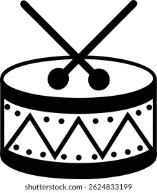 O desenho monocromático simples da linha do tambor mostra as baquetas cruzadas, com ziguezags geométricos do rolamento do tambor e detalhes pontilhados contra um pano de fundo branco limpo para fácil utilização.