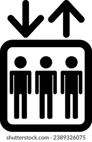 A simple monochrome elevator pictogram with three people on it