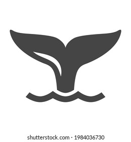 Simple monochrome fishtail icon vector illustration. Whale tail with fin at waving water surface surrounded by splash isolated on white. Diving mammal nautical animal underwater in sea or ocean