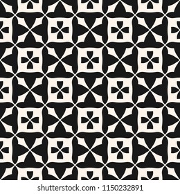 Simple monochrome floral seamless pattern. Vintage geometric texture with flowers, squares, grid, lattice, repeat tiles. Vector abstract black and white background pattern. Repeatable design element