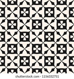 Simple monochrome floral seamless pattern. Vintage geometric texture with flower shapes, square grid, lattice, crosses, repeat tiles. Vector abstract black and white background. Repeatable design 