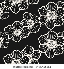 Simple monochrome floral seamless pattern. Elegant black and white minimal vector texture with big summer flowers, petals, outline silhouettes. Stylish dark background. Repeated decorative design