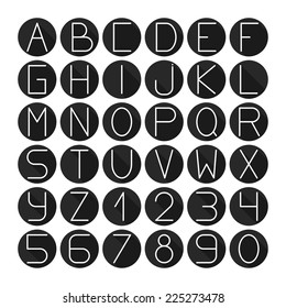 Simple monochrome font. Complete abc alphabet set. Vector letters and numbers. Doodle typographic symbols.