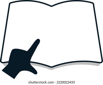 A simple monochrome frame border pointing with the left hand to the pages of an open book or notebook