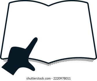 A simple monochrome frame border pointing with the left hand to the pages of an open book or notebook