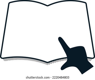 A simple monochrome frame border with the right hand pointing to the pages of an open book or notebook
