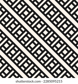 Simple monochrome geometric seamless pattern. Vector abstract texture with diagonal lines, squares, rectangles, stripes. Modern black and white background. Geo ornament. Repeat decorative design