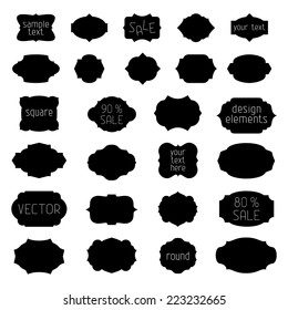 Simple monochrome geometric vintage badges and labels. Black silhouettes isolated on white background. There is place for your text.