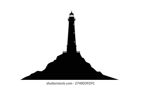 A simple monochrome graphic of a classic lighthouse tower. The beacon stands atop a rugged, rocky outcrop, creating a stark and isolated silhouette perfect for nautical or maritime themes.
