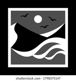 simple monochrome icon with sea waves, mountains and seagulls
