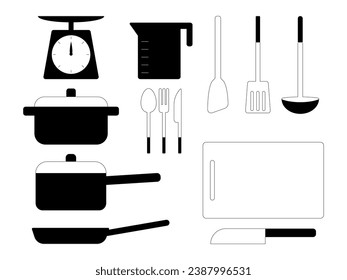 Simple monochrome icon set of kitchen utensils