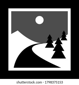 Simple Monochrome Icon With Snowy Hills, Trees And Road