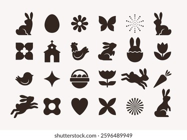 Simple monochrome icons for minimalist easter design: bunnies, eggs, flowers, and geometric shapes. Modern graphic elements isolated on white background.