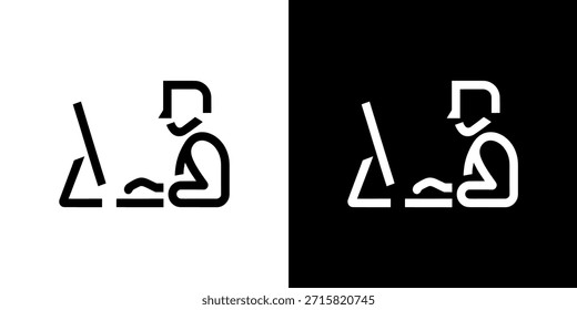 Simple monochrome illustration of a faceless man, seated at a desk, viewing a computer monitor. Flat icon design on transparent background.