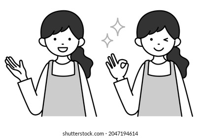 It is a simple monochrome illustration of a housewife.Vector data that is easy to edit.