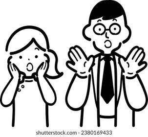 Simple monochrome illustration of a surprised doctor and nurse