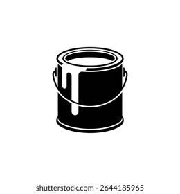 A simple, monochrome image showcases a can of paint with a handle, filled with white liquid. Dripping paint adds a dynamic feel to the composition.