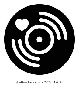 A simple, monochrome image of a vinyl record with a heart radiating from its center.